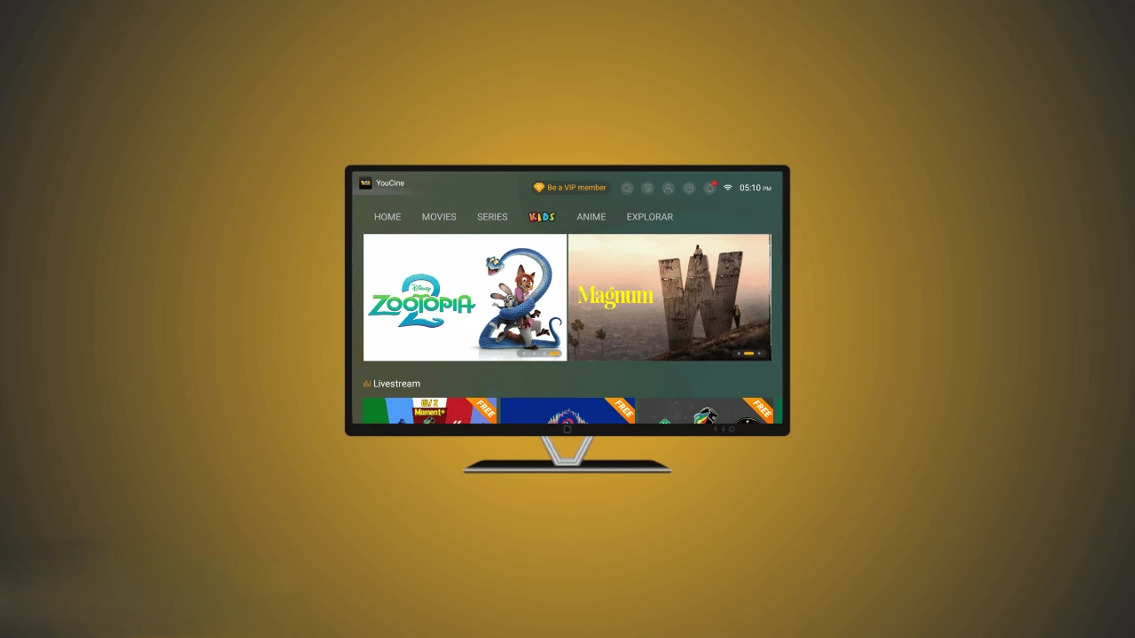 Youcine APK para Smart TV rodando filmes e futebol na tela grande